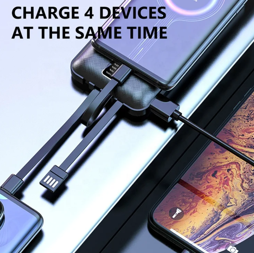 Punex 10000mAh Power Bank JY-602 with Detachable Cables. It features three detachable cables for universal compatibility, allowing you to charge various devices including Android, iPhone, and Type-C