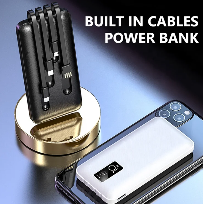 Punex 10000mAh Power Bank JY-602 with Detachable Cables. It features three detachable cables for universal compatibility, allowing you to charge various devices including Android, iPhone, and Type-C