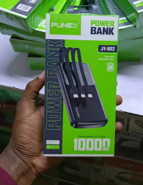 Punex 10000mAh Power Bank JY-602 with Detachable Cables. It features three detachable cables for universal compatibility, allowing you to charge various devices including Android, iPhone, and Type-C