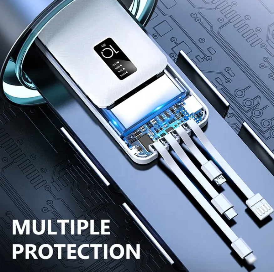 Punex 10000mAh Power Bank JY-602 with Detachable Cables. It features three detachable cables for universal compatibility, allowing you to charge various devices including Android, iPhone, and Type-C