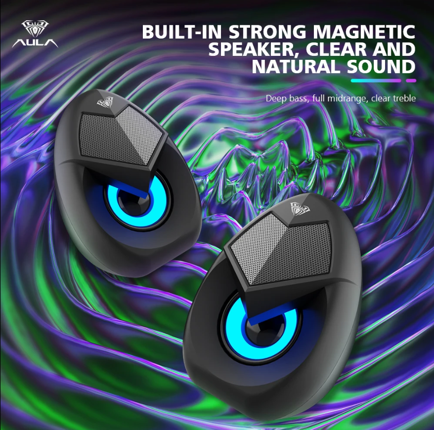 Kisonli Desktop, Laptop Speaker Gaming Speaker with RGB Lighting,USB+3.5mm for PC, Desktop, Laptop, Monitor, Gaming Computer Speaker 2Pcs Portable Audio for PC Laptop Desktop Gaming Speakers with Led