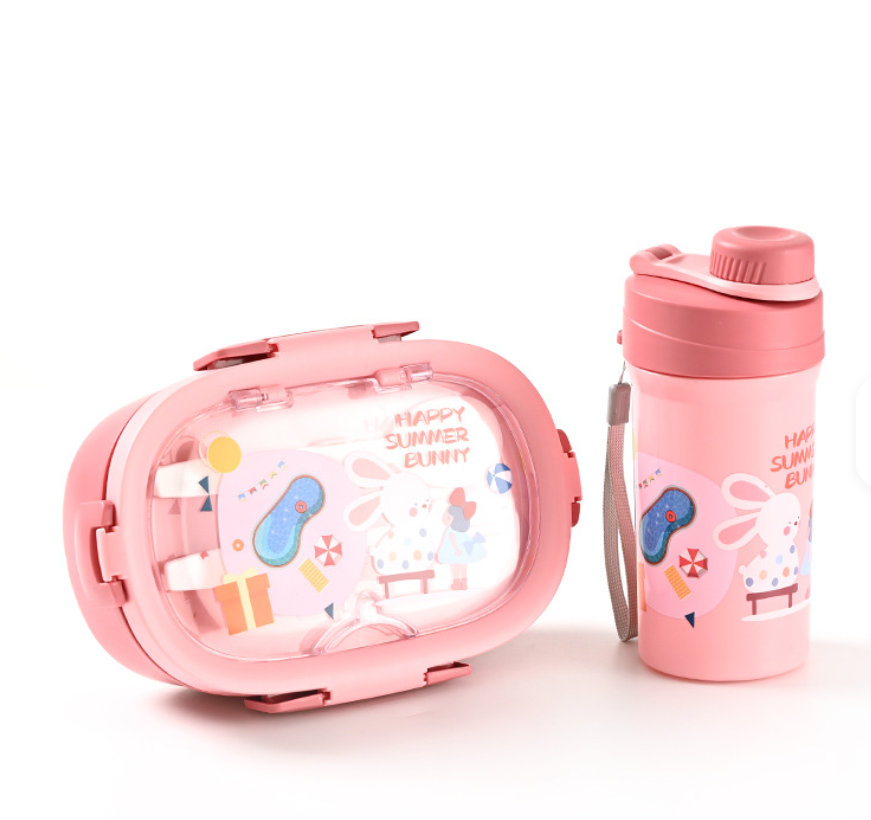 Gift Pack Snack Set-Lunch Box And Water Bottle 2 Compartment Picnic Tiffin Food Container Bpa Free Microwave Safe Kids School Lunch Box and Water Bottle Set- RANDOM COLOR