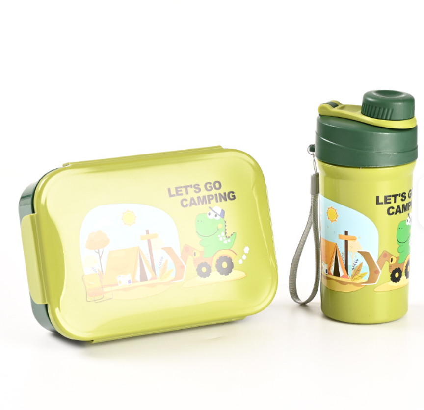 Gift Pack Snack Set-Lunch Box And Water Bottle 2 Compartment Picnic Tiffin Food Container Bpa Free Microwave Safe Kids School Lunch Box and Water Bottle Set- RANDOM COLOR