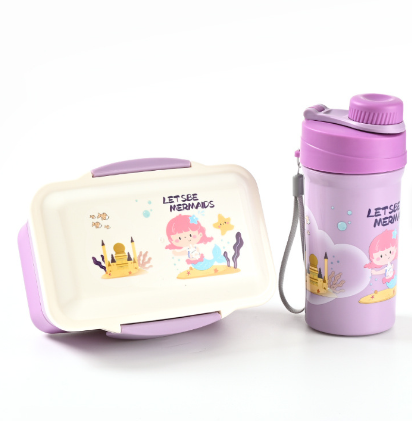 Gift Pack Snack Set-Lunch Box And Water Bottle 2 Compartment Picnic Tiffin Food Container Bpa Free Microwave Safe Kids School Lunch Box and Water Bottle Set- RANDOM COLOR