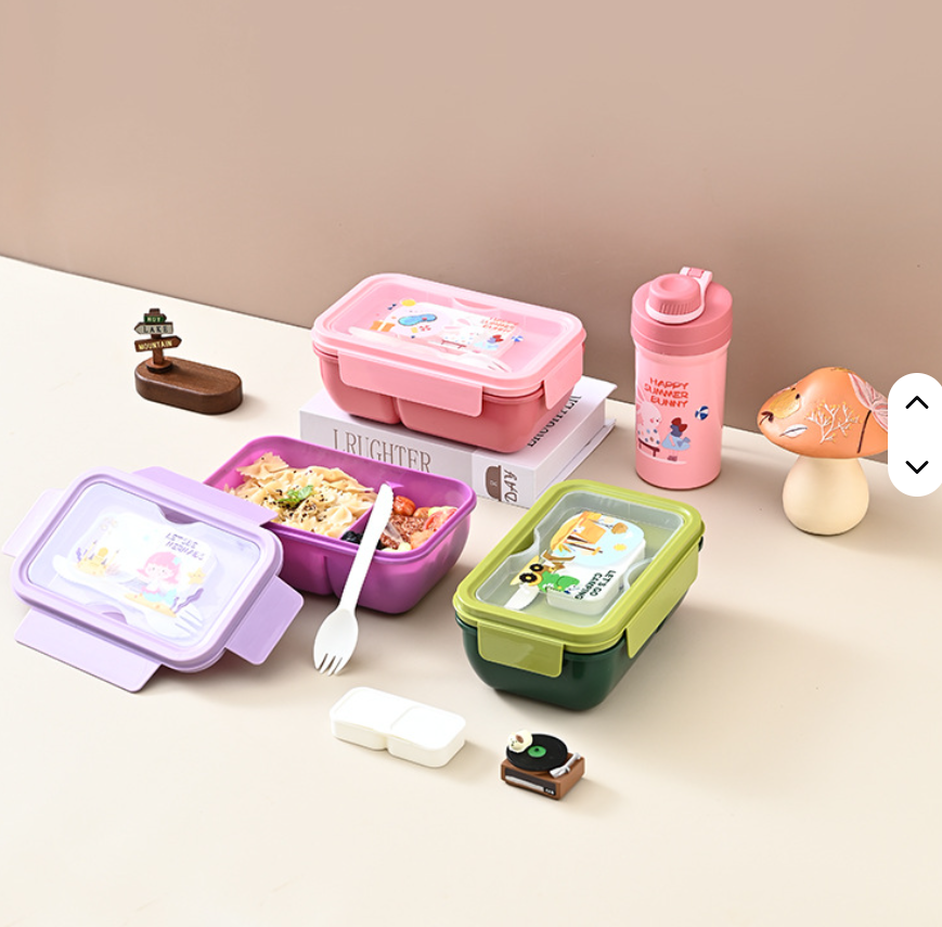 Gift Pack Snack Set-Lunch Box And Water Bottle 2 Compartment Picnic Tiffin Food Container Bpa Free Microwave Safe Kids School Lunch Box and Water Bottle Set- RANDOM COLOR