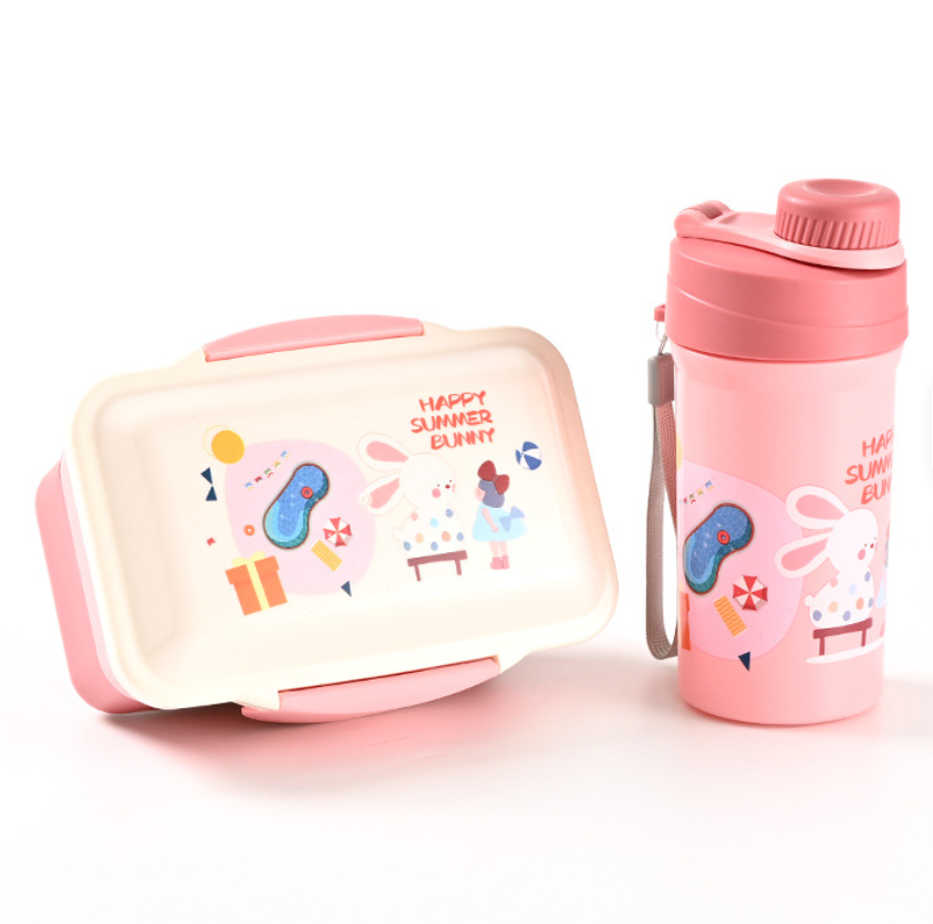 Gift Pack Snack Set-Lunch Box And Water Bottle 2 Compartment Picnic Tiffin Food Container Bpa Free Microwave Safe Kids School Lunch Box and Water Bottle Set- RANDOM COLOR