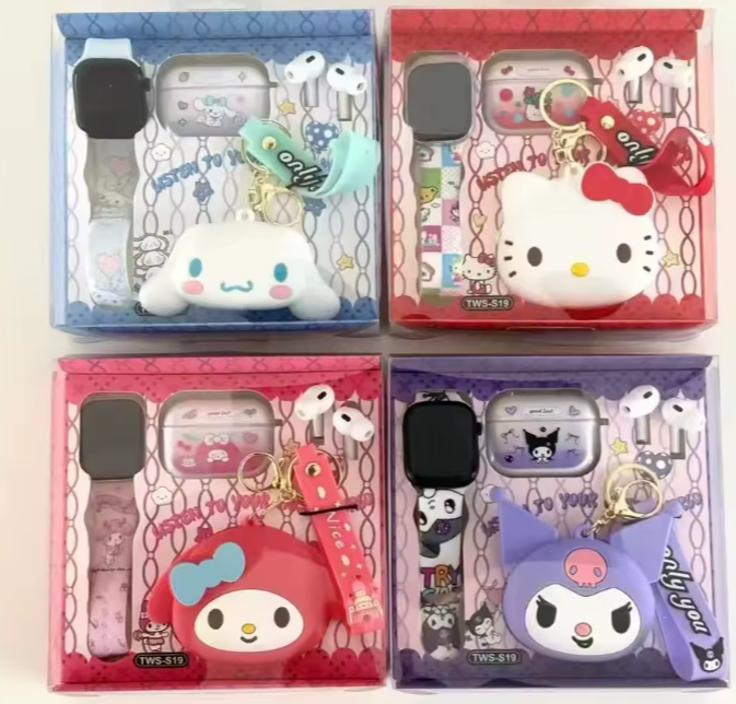 Cartoon Silicone Smart Watch with Silicone Tape Hook TWS in Ear Wireless Bluetooth Earphones- Smartwatch +Earbuds+Earbuds Casing