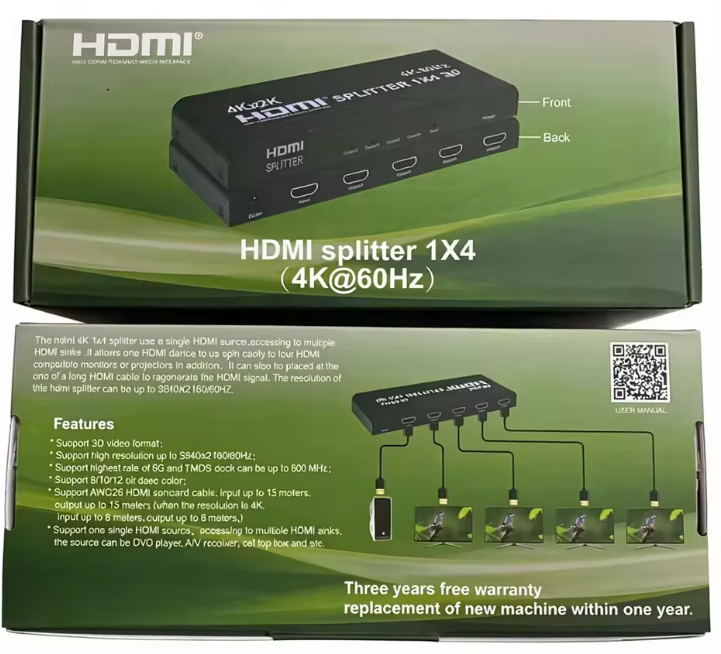 4K HDMI Splitter 1 in 4 Out | Simultaneous Display on 4 Screens | Supports 4K@30Hz & 1080p | For TV, Monitor, Projector & Laptop | No Power Adapter Needed | Plug & Play