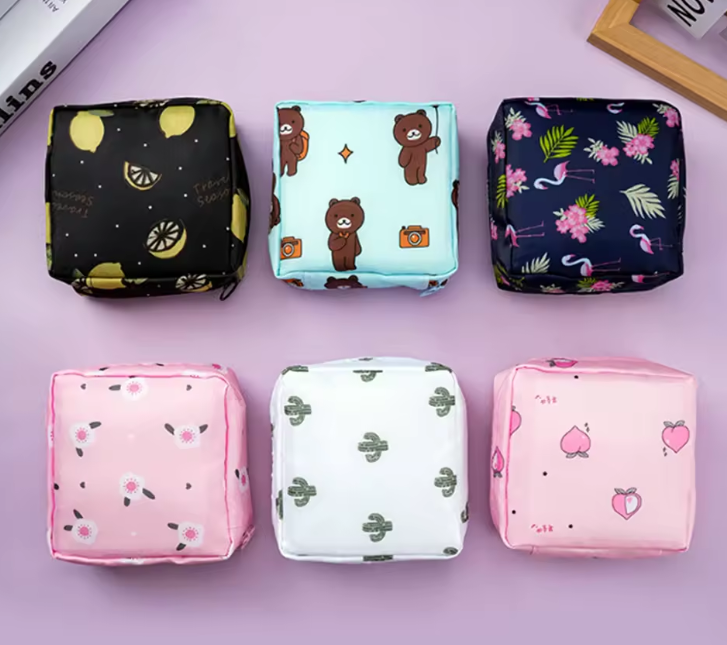 Portable Toiletry Organizer Cosmetic Makeup Pouch Female Napkin Tampon Sanitary Pad Pouch Waterproof Storage Bag for Travel- RANDOM COLOR DISPATCH