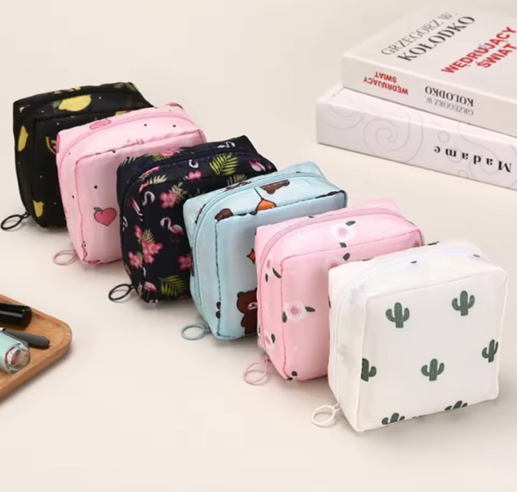 Portable Toiletry Organizer Cosmetic Makeup Pouch Female Napkin Tampon Sanitary Pad Pouch Waterproof Storage Bag for Travel- RANDOM COLOR DISPATCH
