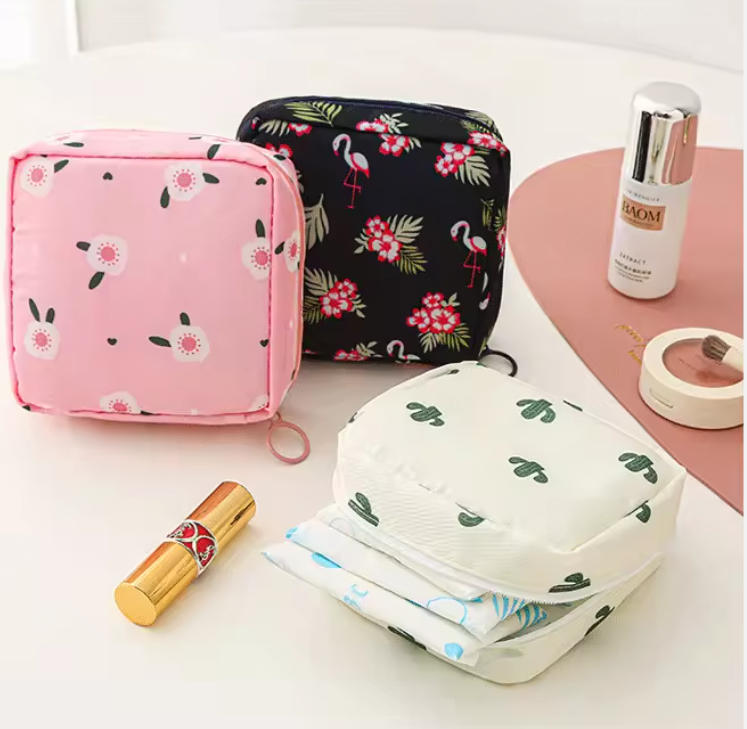 Portable Toiletry Organizer Cosmetic Makeup Pouch Female Napkin Tampon Sanitary Pad Pouch Waterproof Storage Bag for Travel- RANDOM COLOR DISPATCH