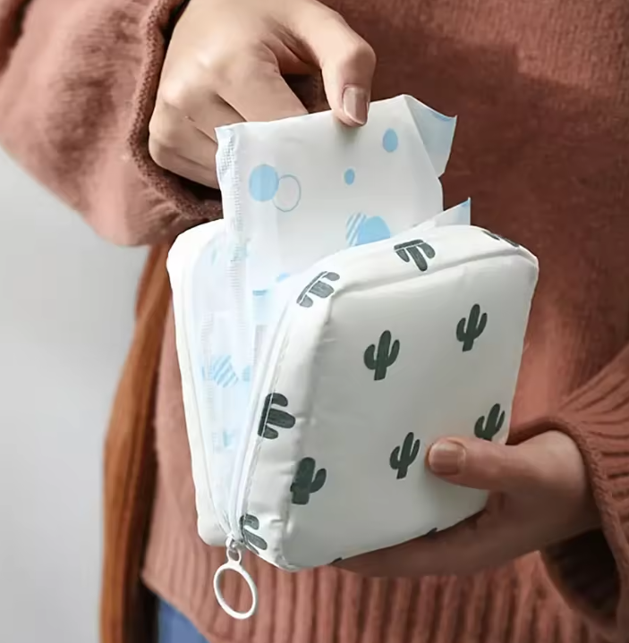 Portable Toiletry Organizer Cosmetic Makeup Pouch Female Napkin Tampon Sanitary Pad Pouch Waterproof Storage Bag for Travel- RANDOM COLOR DISPATCH