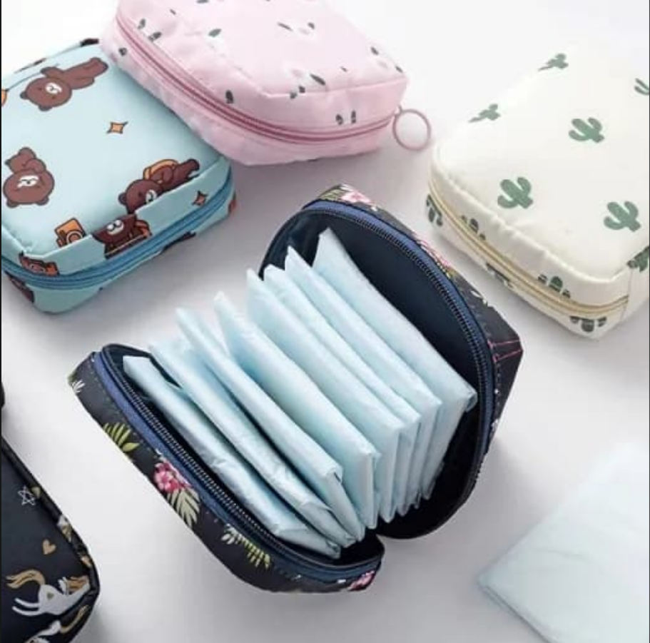 Portable Toiletry Organizer Cosmetic Makeup Pouch Female Napkin Tampon Sanitary Pad Pouch Waterproof Storage Bag for Travel- RANDOM COLOR DISPATCH