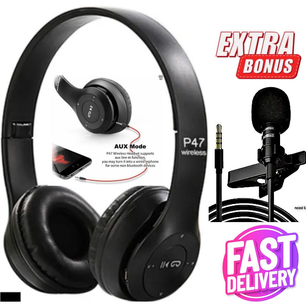 P47 BLUETOOTH WIRELESS HEADPHONES WITH FM RADIO & MEMORY CARD SLOT + FREE PROFESSIONAL LAVALIER MICROPHONE