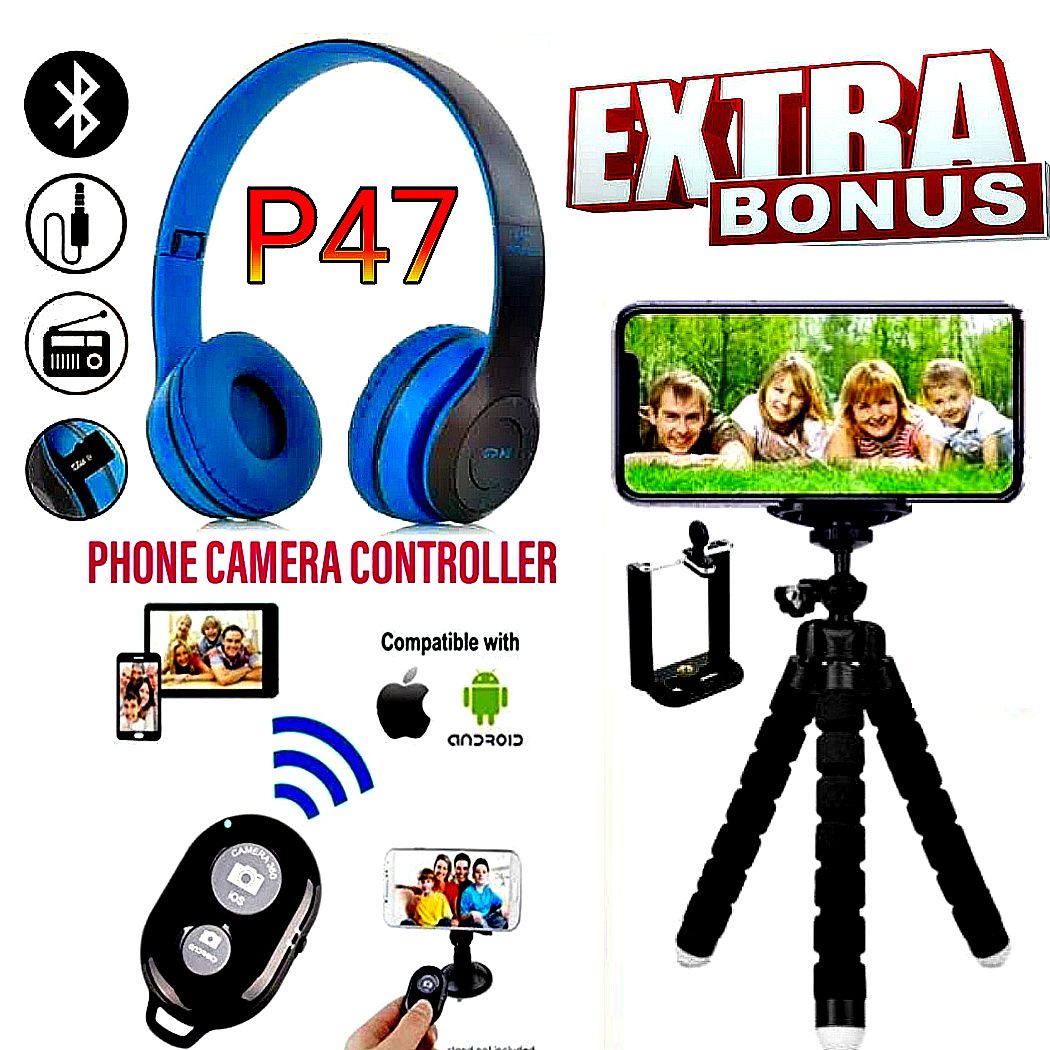 P47 BLUETOOTH WIRELESS HEADPHONES WITH FM RADIO & MEMORY CARD SLOT + FREE GIFTS TRIPOD SELFIE STAND & BLUETOOTH CAMERA REMOTE CONTROLLER