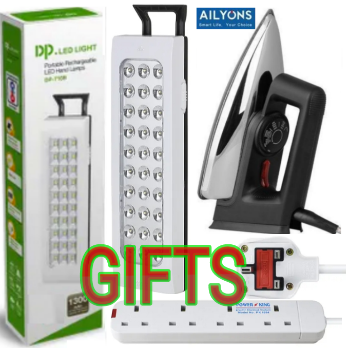 DP LED LIGHT RECHARGEABLE PORTABLE SUPER BRIGHT LIGHT LAMP + 4 WAY POWER EXTENSION CABLE SOCKET WITH LONG CABLE + AILYONS ELECTRIC IRON BOX-1000W  // IRONING BOX