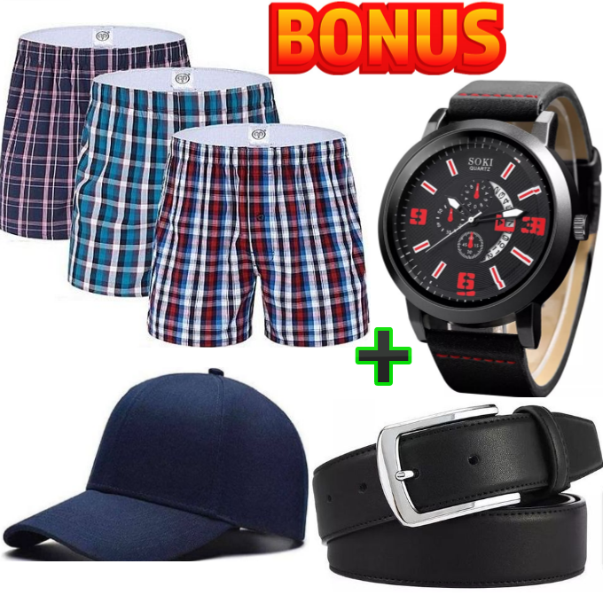3 PIECES VERY COMFORTABLE MEN'S BOXERS // UNDERWEAR// SHORTS 3 PACK HIGH QUALITY ASSORTED SIZE+ FREE GIFT ADJUSTABLE CAP, LEATHER BELT & WRIST WATCH & JEWELLERY