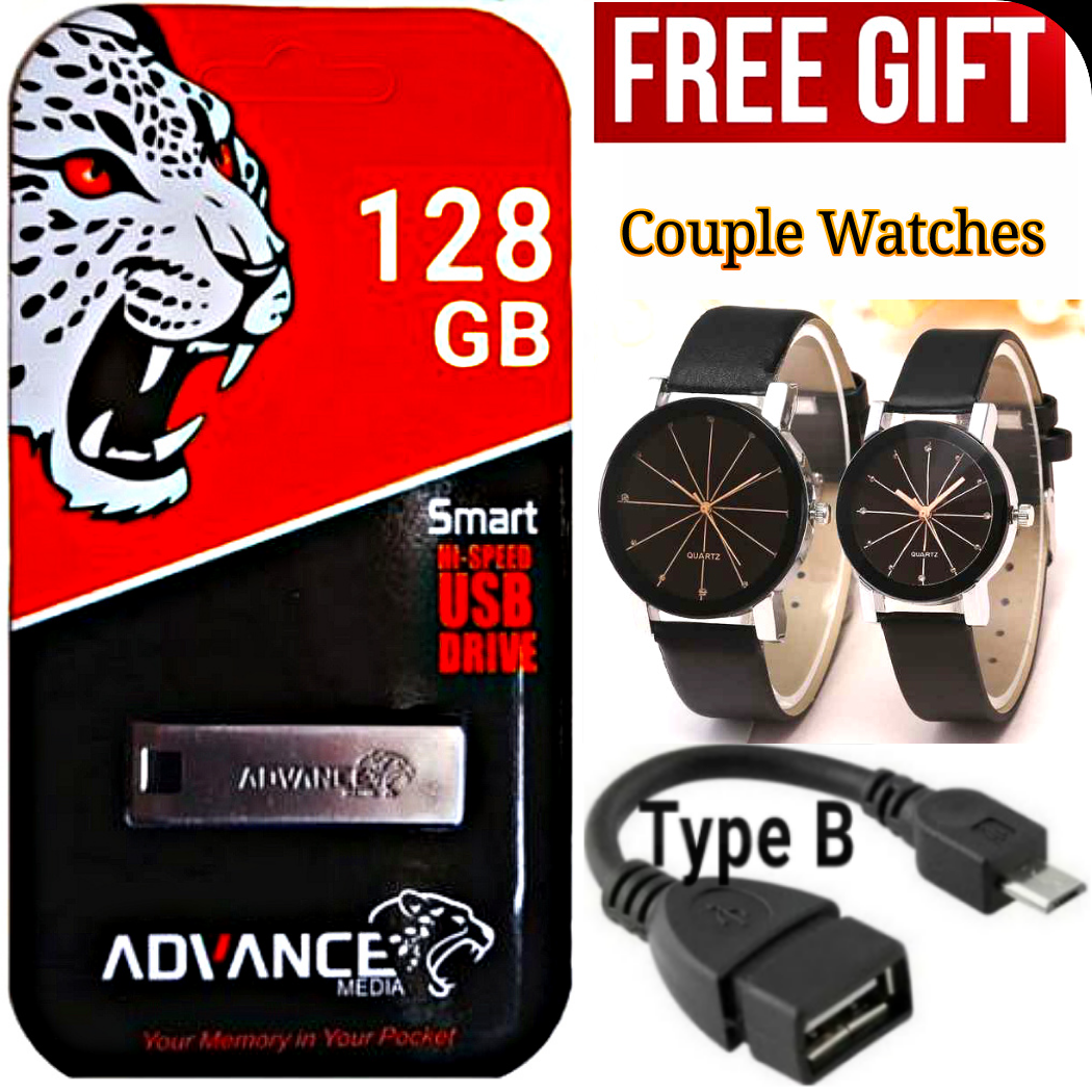 BEST ADVANCE HIGH SPEED METALLIC USB FLASH DRIVE DISK 128GB  // 128 GB FOR LAPTOPS,  DESKTOP, SMART ANDROID FRAMELESS TV & COMPUTER+ FREE OTG CABLE &  Classic Wrist Couple Watches