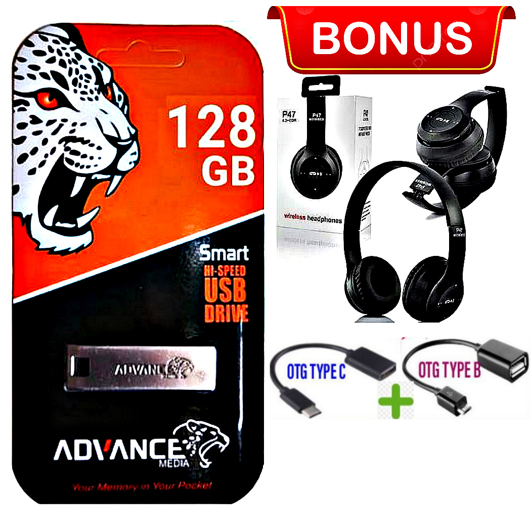 ADVANCE BEST HIGH SPEED METALLIC USB FLASH 128GB// FLASHDRIVE DISK 128GB  // 128 GB WITH 2 OTG CABLES TYPE C & B+ FREE P47 BLUETOOTH WIRELESS HEADPHONES WITH FM RADIO & MEMORY CARD SLOT