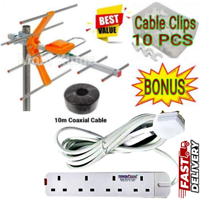 DIGITAL TV AERIAL ANTENNA// SMART TV ANTENNA SIGNAL RECEIVER & COAXIAL CABLE + CABLE CLIPS + 4 WAY POWER EXTENSION CABLE SOCKET WITH LONG CABLE