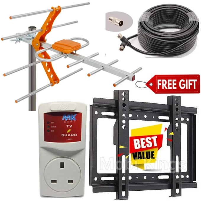 DIGITAL TV AERIAL ANTENNA// SMART TV ANTENNA SIGNAL RECEIVER & COAXIAL CABLE FOR SMART  TV & DIGITAL TV + ELECTRONIC TV GUARD SURGE POWER PROTECTOR  & TV WALL HOLDER MOUNT BRACKET FOR 14- 43 INCH