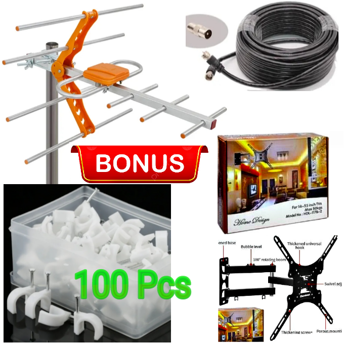 HIGH QUALITY DIGITAL TV AERIAL ANTENNA// SMART TV ANTENNA SIGNAL RECEIVER & COAXIAL CABLE +EXTRA BONUS 100 CABLE CLIPS + ROTATING WALL HOLDER MOUNT BRACKET FOR TV 24 INCH, 32 INCH , 43 INCH & 55 INCH
