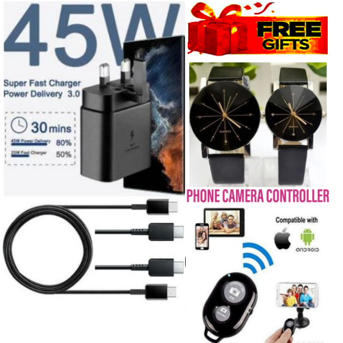 ORIGINAL SAMSUNG SUPER FAST CHARGING ADAPTOR 45W TYPE C TO TYPE C FAST CHARGING CHARGER ADAPTER  // ADAPTOR & USB CABLE FOR SAMSUNG GALAXY SMARTPHONES + PHONE CAMERA REMOTE CONTROLLER & 2 WATCHE