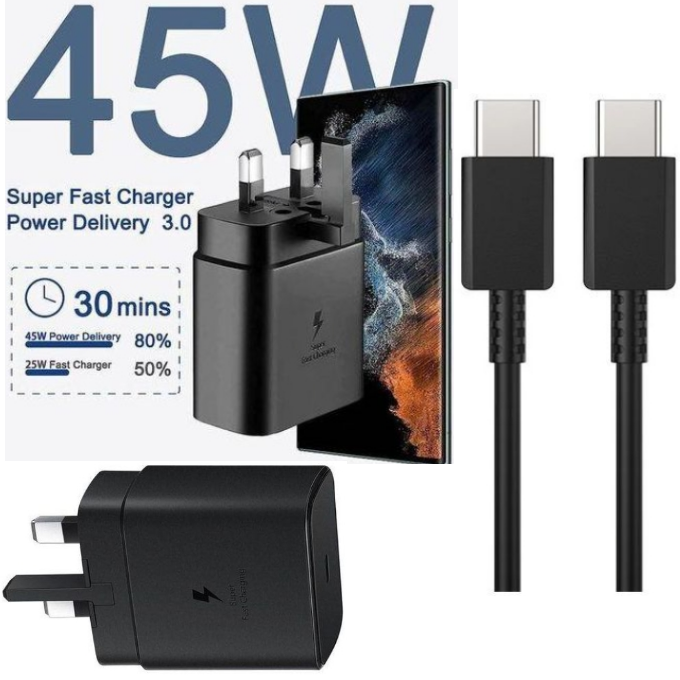 ORIGINAL SAMSUNG SUPER FAST CHARGING ADAPTOR 45W TYPE C TO TYPE C FAST CHARGING CHARGER ADAPTER  // ADAPTOR & USB CABLE FOR SAMSUNG GALAXY SMARTPHONES + PHONE CAMERA REMOTE CONTROLLER & 2 WATCHE