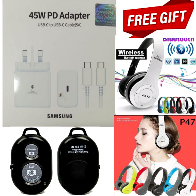 ORIGINAL SUPER FAST CHARGING ADAPTOR 45W TYPE C TO TYPE C FAST CHARGING CHARGER ADAPTER & USB CABLE FOR SAMSUNG GALAXY SMARTPHONES + PHONE CAMERA REMOTE CONTROLLER +BLUETOOTH WIRELESS HEADPHONES