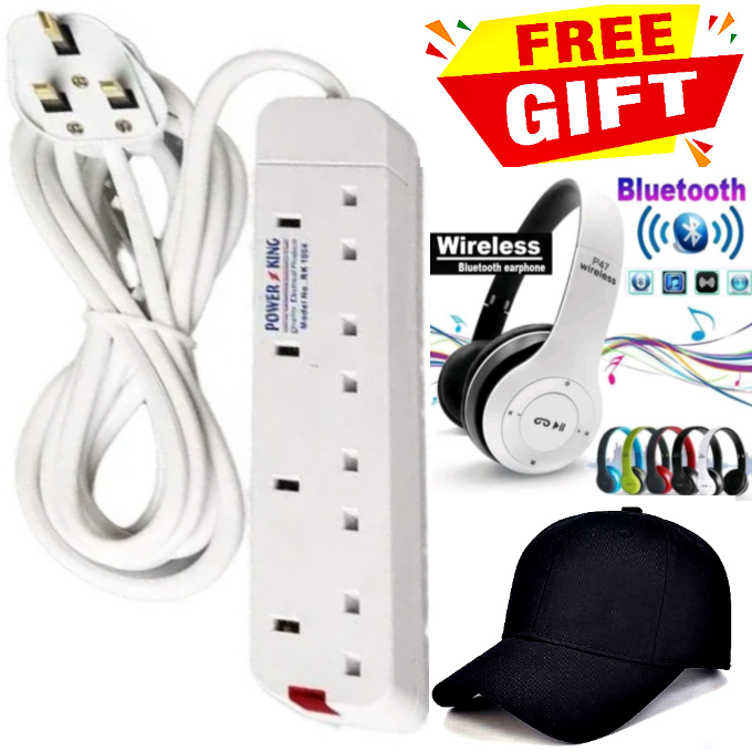 2  POWER KING 4 WAY // 4WAY ELECTRIC POWER SUPPLY EXTENSION // EXTENTION With Long Cable Socket + FREE P47 HIGH POWER PLAY STRONG BASS BLUETOOTH WIRELESS HEADPHONES  & ADJUSTABLE CAP