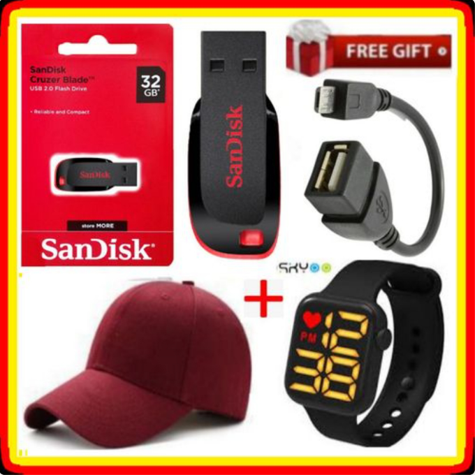 EXTERNAL ULTRA SUPER FAST USB FLASH DRIVE DISK 32GB // FLASH 32 GB HARD DRIVE DISK 32GB + BONUS OTG CABLE,  WATCH & CAP