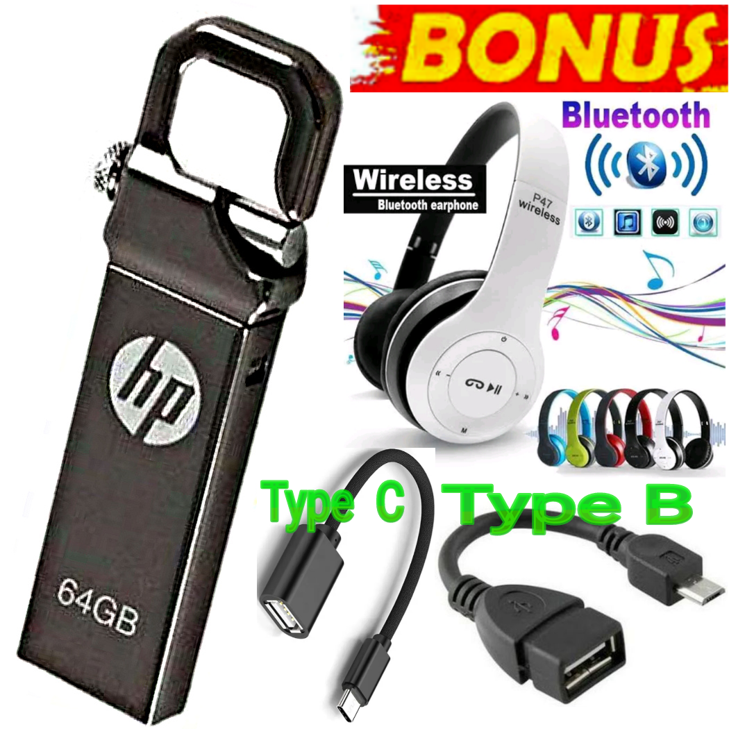 BEST HP METALLIC HIGH SPEED USB FLASH DRIVE 64GB DISK 64 GB WITH CLIP  FOR LAPTOPS& COMPUTER & OTG CABLE TYPE C, TYPE B + FREE BLUETOOTH WIRELESS HEADPHONES  WITH MEMORY CARD SLOT & FM RADIO