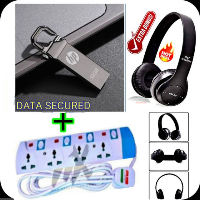 HP High speed Usb 3.0 Flash Drive 32gb Metal Pendrive 32gb 3.0 Usb Stick Pen Drive Flash Usb Disk 32 GB + P47 BLUETOOTH WIRELESS HEADPHONES,  & 5 WAY POWER EXTENSION WITH SAFETY SWITCHES