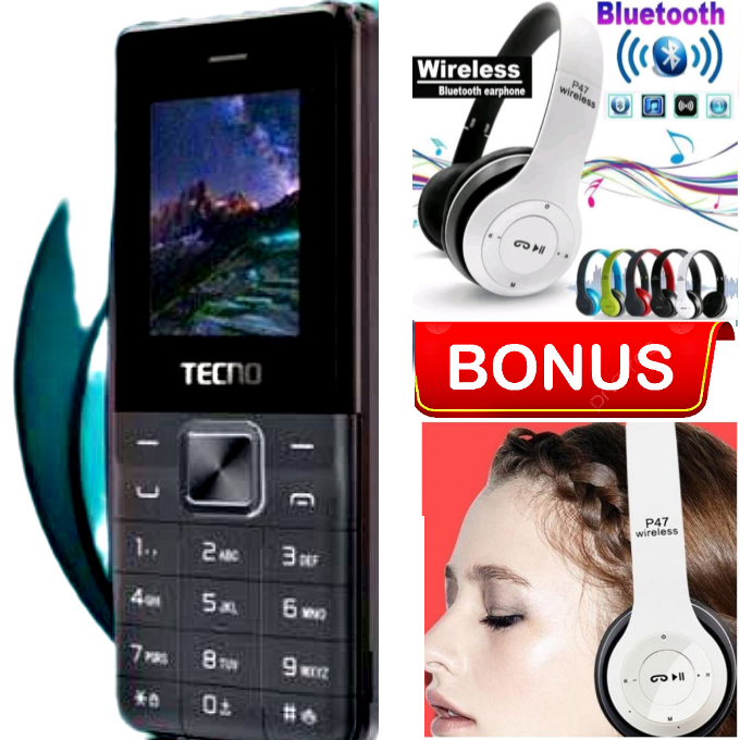 BEST TECNO T301,Small Phone (Dual Sim) FM, KABAMBE Phone /Katululu /Mulika mwizi PHONE, Torch, Memory Card Slot , FM Radio + P47 BLUETOOTH HEADPHONES // EARBUDS // EARPODS