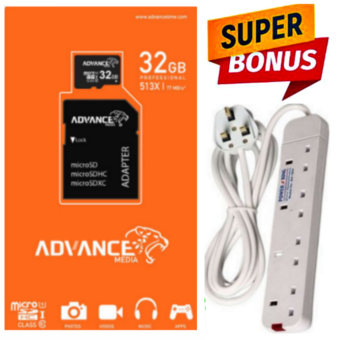 BEST ORIGINAL Advance 32GB Memory Card For All Smartphones,  Button // Katululu Phones MicroSD Card // MAMORY CARD 32GB// MEMO 32 GB HIGH Performance + FREE GIFT 4 WAY POWER EXTENSION WITH CABLE