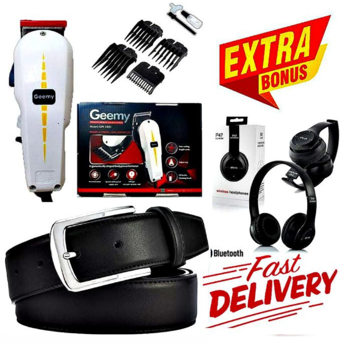 GEEMY ELECTRIC PROFESSIONAL HAIR CLIPPER SHAVER / BEARD TRIMMER- SHAVING MACHINE-KINYOZI  HAIR SHAVING MACHINE  & COMBS FOR MEN, WOMEN , LADIES & CHILDREN + P47 BLUETOOTH HEADPHONES & LEATHER BELT