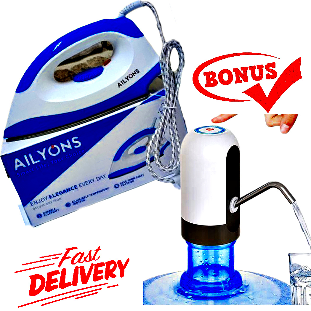 Hand Water Dispenser Pump Press  Electric Rechargeable Pump Home Office Pump + EXTRA BONUS  AILYONS BEST ELECTRIC IRON BOX-1000W// IRONING BOX FOR CLOTHES
