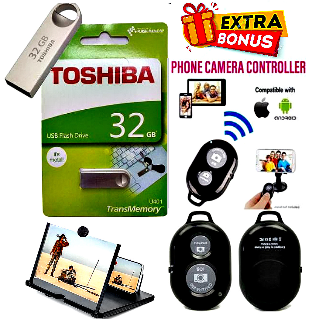 TOSHIBA  EXTERNAL DRIVE 32GB ULTRA SPEED  32 GB METALLIC USB FLASH DISK 32GB // DRIVE 32 GB Capacity // MEMORY CARD 32GB +SMARTPHONES CAMERA BLUETOOTH REMOTE CONTROLLER &  PHONE SCREEN MAGNIFIER
