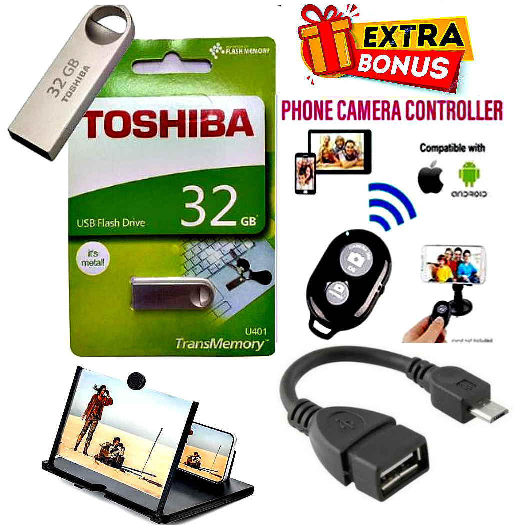 TOSHIBA LAPTOPS ULTRA SPEED  32 GB METALLIC USB FLASH DISK 32GB // DRIVE 32 GB Capacity WITH FREE OTG CABLE +SMARTPHONES CAMERA BLUETOOTH REMOTE CONTROLLER &  PHONE SCREEN MAGNIFIER &