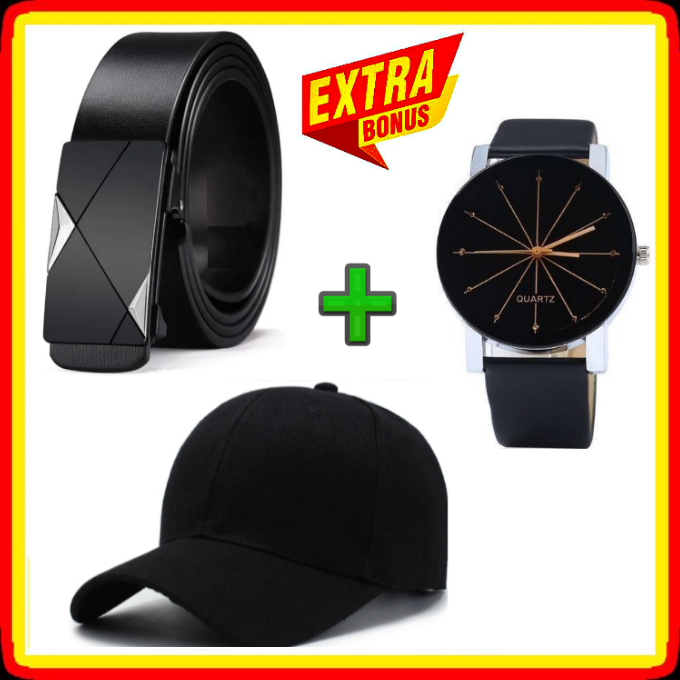 BEST Men Belts Automatic Buckle Belt PU Leather Inner Wear Toothless High Quality Belts For Men Leather Strap Casual Business Jeans Belts Men Luxury Designer Brand +FREE GIFTS MEN'S WRIST WATCH & CAP