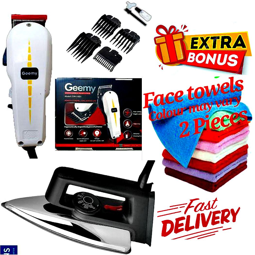GEEMY ELECTRIC PROFESSIONAL HAIR CLIPPER SHAVER / BEARD TRIMMER- SHAVING MACHINE-KINYOZI  HAIR SHAVING MACHINE  & COMBS FOR MEN + Ailyons Electric Iron Box Teflon High Quality & 2 Face Towels .