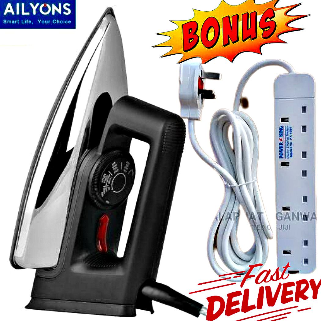 BEST AILYONS High Quality Electric Dry Iron Box 1000W With Titanium Teflon Non-Stick Soloplate // IronBox + FREE 4 WAY POWER EXTENSION WITH LONG CABLE SOCKET