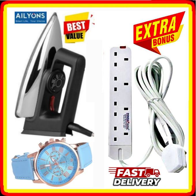 BEST Affordable AILYONS High Quality Electric Dry Iron Box 1000W With Titanium Teflon Non-Stick Soloplate // IronBox For MEN, LADIES OFFICIAL CLOTHES + FREE GIFT 4 WAY POWER EXTENSION & WRIST WATCH.