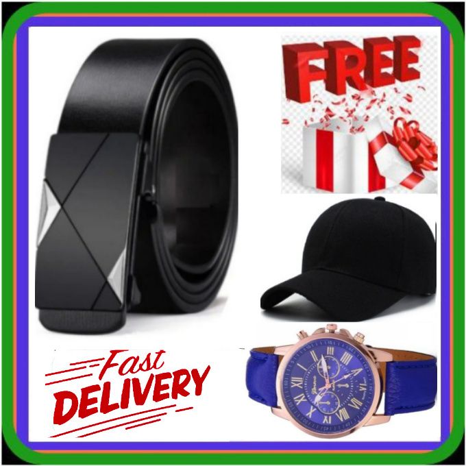 BEST Men's Belt Leather Automatic Buckle Belts Soft Leather Men's Official Belt - Black + FREE WATCH & CAP