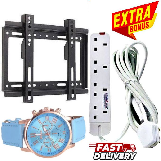 TV WALL MOUNT BRACKET HOLDER FOR 24 INCH CH TV , 32INCH,  40INCH & 43INCH  + FREE GIFT 4-WAY POWER EXTENSION CABLE SOCKET WITH LONG CABLE SOCKET , 4 WAY POWER EXTENSION WITH CABLE & WATCH