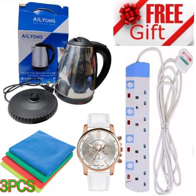 BEST Energy Efficient Electric Water Kettle Heater Jug + FREE GIFTS 4-WAY POWER EXTENSION CABLE SOCKET WITH SAFETY SWITCHES,  WATCH & TABLE CLEANER TOWELS