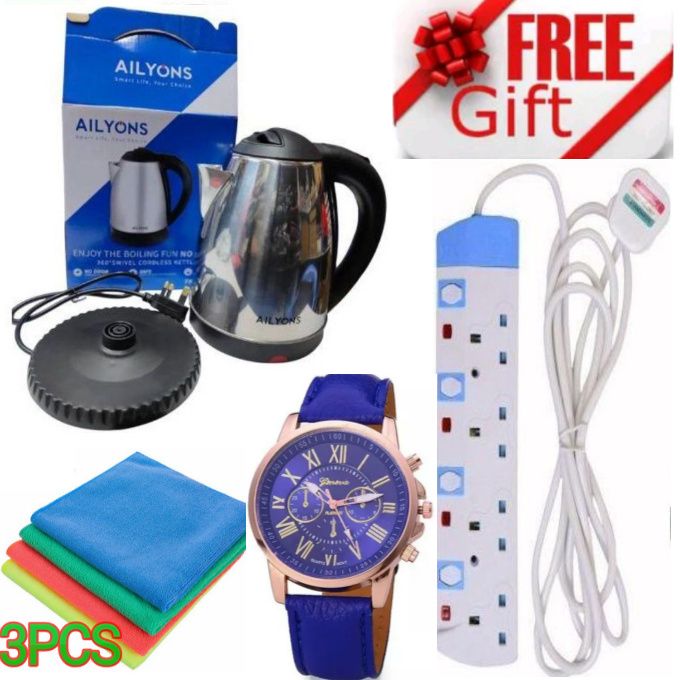 High Quality Fast Boiling Kettle –Save Time & Electric Safe // Electric Kettle for Home & Office Use +GIFTS 4-WAY POWER EXTENSION CABLE SOCKET WITH SAFETY SWITCHES, WATCH & Table Cleaner Towels