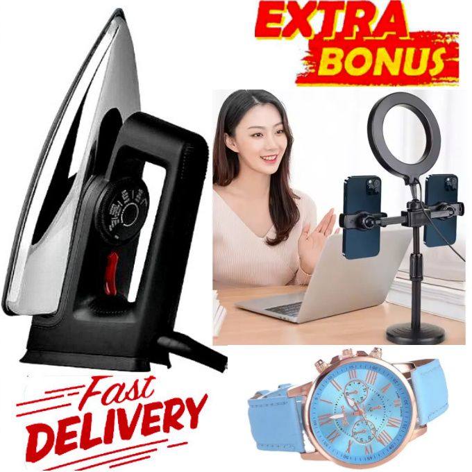 AILYONS Electric Dry Iron Box - IronBox with Teflon Soleplate Smooth Ironing - Safe Use + GIFTS 4-WAY POWER EXTENSION CABLE SOCKET & BEST Live Fill Ring Light with Stand - USB Powered LED Ringlight fo
