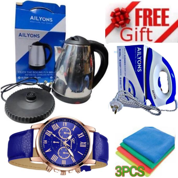 Fast Boiling Kettle Electric Safe // Electric Kettle for Home Use – Coil-Free & Compact +GIFTS Electric Dry Iron Box with Advanced Safety Protection for Ironing , WATCH & Table Cleaner Towels