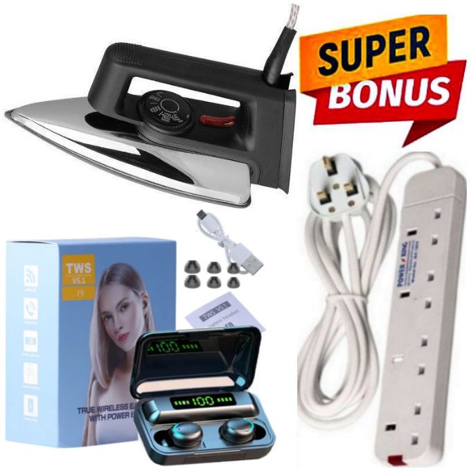 AILYONS High-Performance Electric Dry Iron Box with Teflon Soleplate – Smooth & Efficient Ironing + GIFTS deep clear bass air f9 pro+ wireless earbuds with power bank , 4 Way Power Extension